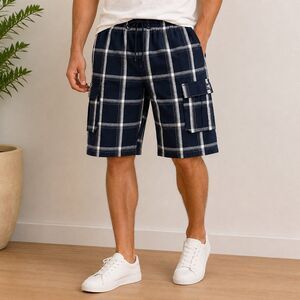 Shaka Wear Men’s Relaxed Fit Cotton Plaid Cargo Shorts 2XL Navy 4Fron/2Bk Pckts